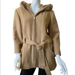 Mario De Pinto Camel Wool Blend Belted W/ Pockets Fur Hooded Coat/ Jacket